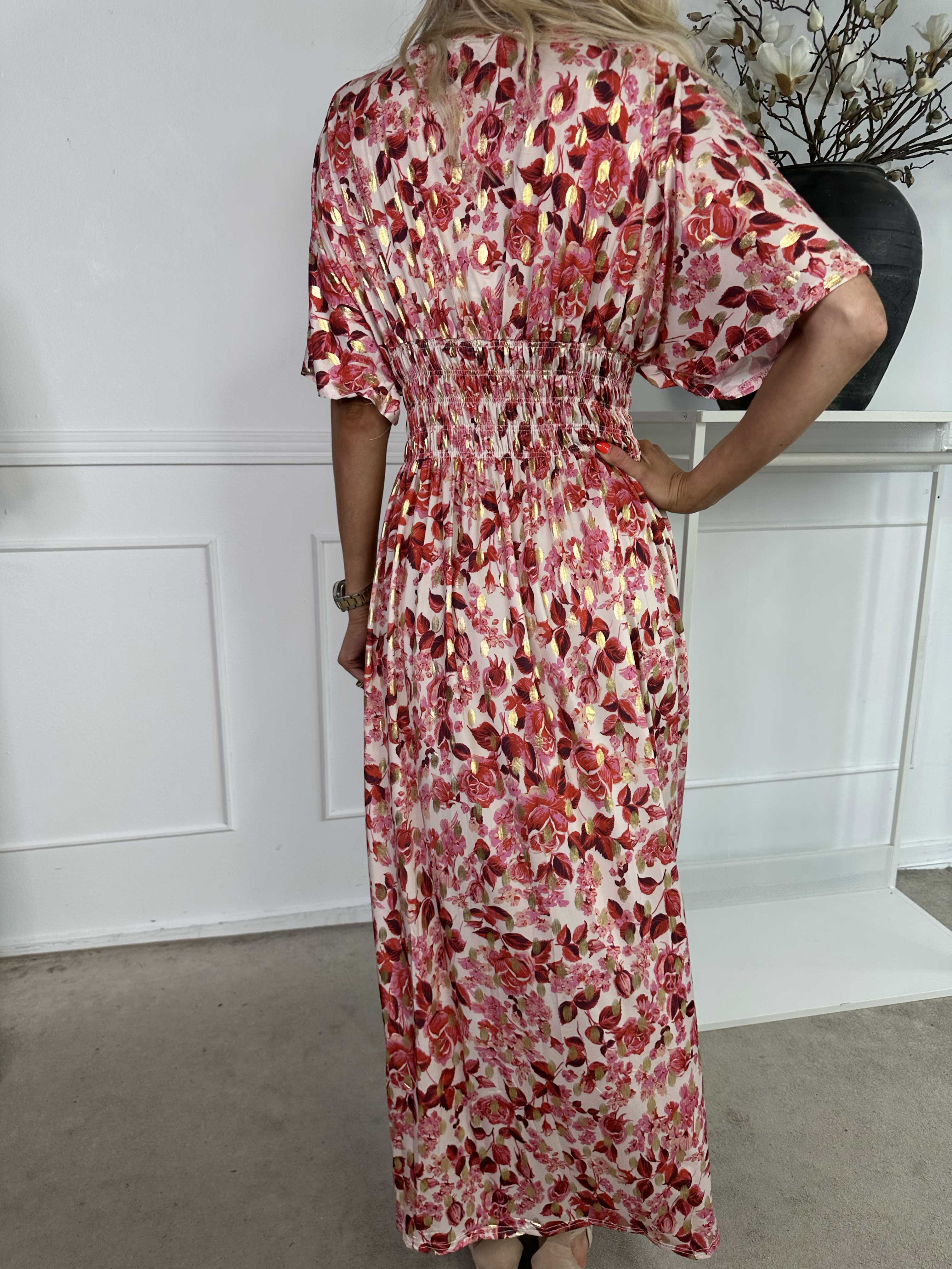 Pams Small Rose - Elastisk kjole med blomsterprint og guld detaljer